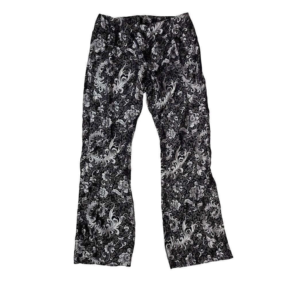 Vtg Willi Smith Pants Black Silver Damask Floral Boot Cut Zip Back Flat Front 8